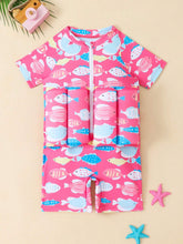 1pc Young Girl Cartoon Fish Print Short Sleeve Jumpsuit With Shorts, For Vacation